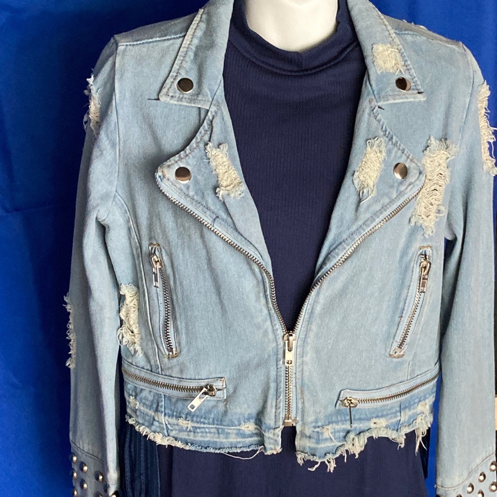 Edgy Light Blue Distressed Denim Jacket